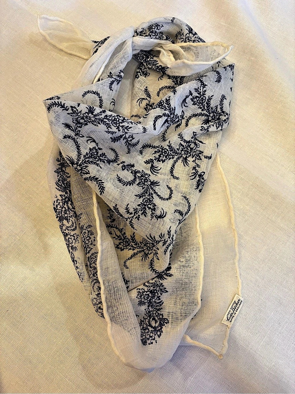 Vida Fischer Floral Cotton Scarf in White & Blue Like New